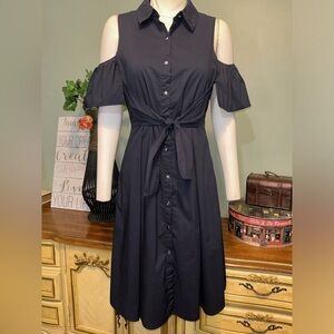 Ivanka Trump Navy Blue Cold Shoulder Button Front Tie Front Dress